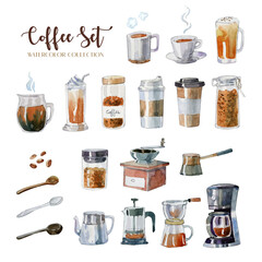 Hand drawn watercolor coffee equipment. Such as, mug, jar, coffee machine, spoon, Arabica beans and a lot type of coffee cup. 
