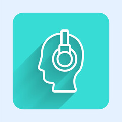 White line Man with a headset icon isolated with long shadow. Support operator in touch. Concept for call center, client support service. Green square button. Vector Illustration.