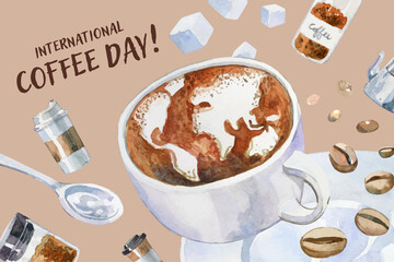 Hand drawn watercolor coffee cup with Latte art, world map shape. With Arabica beans, spoon, sugar cubes, coffee dish and “International Coffee Day” text around. 