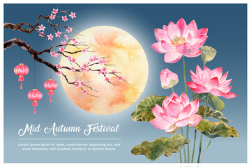Hand drawn watercolor pink lotus with moon, lantern and peach blossom on dark blue-sky background. With “Mid-Autumn Festival” text on the bottom. 