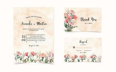 set of floral wedding invitation with wild flowers and abstract background