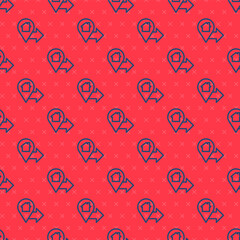 Blue line Map pointer with house icon isolated seamless pattern on red background. Home location marker symbol. Vector Illustration.