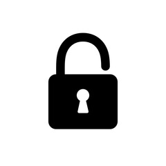 Lock icon. Unlock open lock. Padlock symbol password. Black private sign isolated on white background. Closed lock. Code safety. Security computer system. Simple flat lock. Vector illustration