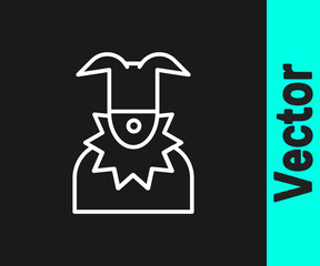 White line Joker head icon isolated on black background. Jester sign. Vector.