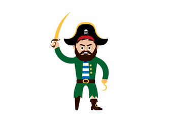 Pirate captain with wooden leg and hook vector. Angry pirate cartoon character. Pirate captain with saber vector. Funny pirat sailor icon isolated on a white background
