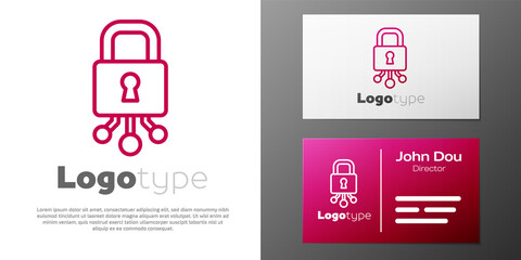 Logotype line Cyber security icon isolated on white background. Closed padlock on digital circuit board. Safety concept. Digital data protection. Logo design template element. Vector.