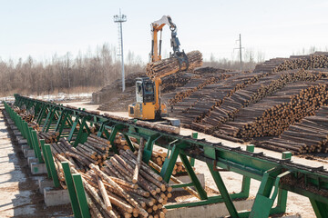 An industrial loader loads logs into a conveyor at a sawmill