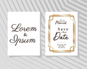 two wedding invitations with gold frames on gray striped background design, Save the date and engagement theme Vector illustration