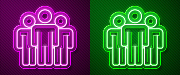 Obraz premium Glowing neon line Users group icon isolated on purple and green background. Group of people icon. Business avatar symbol - users profile icon. Vector.