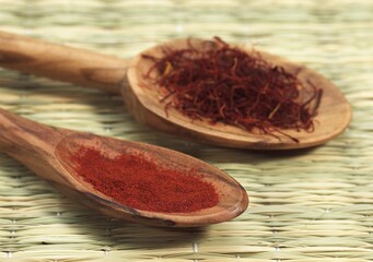 Wooden Spoon with Saffron Extracted from Saffron Crocus Flower Stigmas, crocus sativus