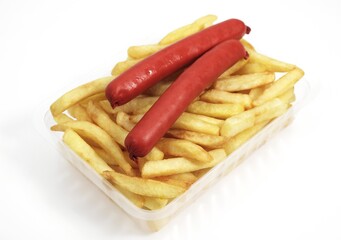 French Fries with Sausage against White Background