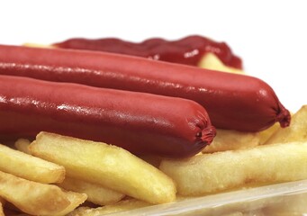French Fries with Sausage and Ketchup against White Background