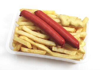 French Fries with Sausage and Mustard against White Background