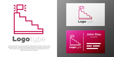 Logotype line Stair with finish flag icon isolated on white background. Career growth business concept. Concept of business development. Logo design template element. Vector.