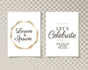 two wedding invitations with gold frames on gray pointed background design, Save the date and engagement theme Vector illustration