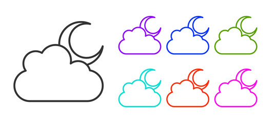 Black line Cloud with moon icon isolated on white background. Cloudy night sign. Sleep dreams symbol. Night or bed time sign. Set icons colorful. Vector.