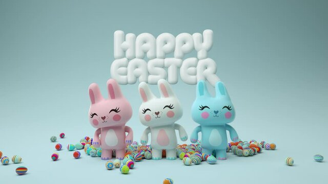 Cute easter bunny toys are dancing with a plenty of colorful easter eggs on the white floor. 3D animated bubble type of happy easter message on the top.