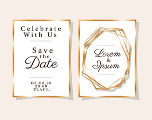 two wedding invitations with gold frames design, Save the date and engagement theme Vector illustration
