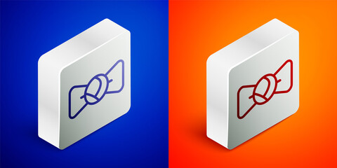Isometric line Bow tie icon isolated on blue and orange background. Silver square button. Vector.
