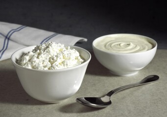 Dairy Produce, Bowls with Soft Cheese and Heavy Cream