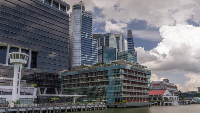Business Financial Downtown City and Skyscrapers Tower Building at Marina Bay timelapse hyperlapse with Customs House, Singapore, Cityscape Urban Landmark and Business Finance District Center