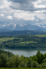 Czorsztyn Lake and snow peaks of Tatra Mountains