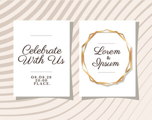 two wedding invitations with gold frames on gray striped background design, Save the date and engagement theme Vector illustration