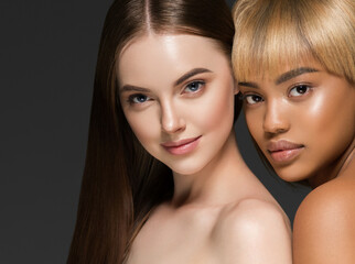 African caucasian beauty women two portrait. Clean skin ethnic concept