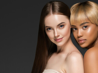Different ethnic american african and caucasian woman beauty face portrait