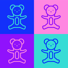 Pop art line Teddy bear plush toy icon isolated on color background. Vector.