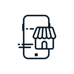 Mobile phone with shop outline icons. Vector illustration online shopping concept. Editable stroke. Isolated icon suitable for web, infographics, interface and apps.