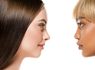 African caucasian beauty women two portrait. Clean skin ethnic concept