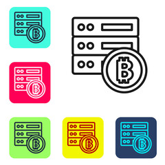 Black line Server bitcoin icon isolated on white background. Set icons in color square buttons. Vector.