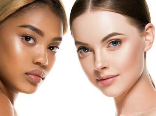 African caucasian beauty women two portrait. Clean skin ethnic concept