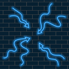 Set of blue neon arrows, creative wavy shape. Vector illustration.