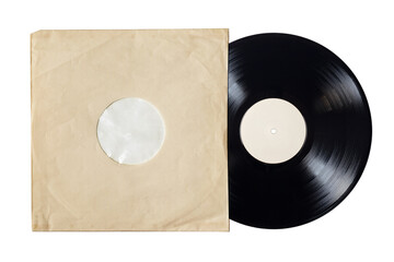 Paper inner sleeve and vinyl LP record isolated on white.
