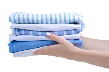 Stack folded cloth white blue in hand on white background isolation