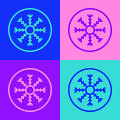 Pop art line Snowflake icon isolated on color background. Vector.