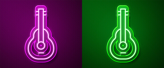 Glowing neon line Mexican guitar icon isolated on purple and green background. Acoustic guitar. String musical instrument. Vector.