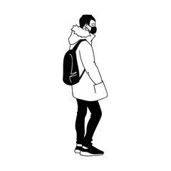 Man in medical mask protects breath from virus and air pollution. Side view. Monochrome vector illustration in simple linear style isolated on white background. Masked young man with backpack stands.