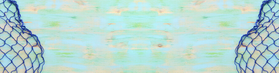 Fototapeta na wymiar Top view of Fishnet on pastel blue wooden background. top view, flat lay