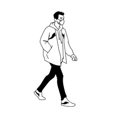 Man in medical mask jacket, jeans and sneakers walking. Monochrome vector illustration in simple sketch style isolated on white background. Masked young man taking a walk. Side view. Pandemic concept.