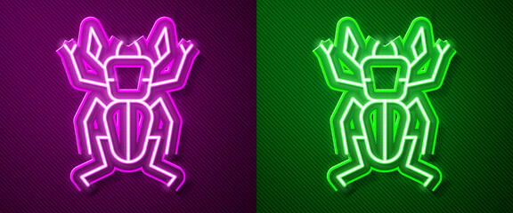 Glowing neon line Beetle deer icon isolated on purple and green background. Horned beetle. Big insect. Vector.