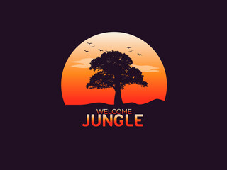 alone tree on the jungle logo badge wallpaper outdoor logo stock vector illustration