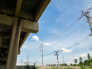 Photos of an elevated road with electric poles and blue sky.