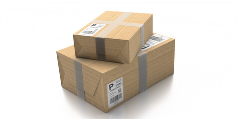 Parcels with label sticker closed and sealed isolated on white background, 3d illustration