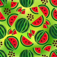 Seamless fruit pattern of watermelons, its slices and seeds on a green background .Vector graphic.