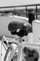  close up of bicycle in details, black and white photo