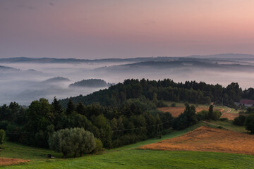 Agriculture Fields and Meadows in Fog at Summer Sunrise