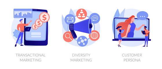 Fototapeta premium Marketing strategies abstract concept vector illustration set. Transactional and diversity marketing, customer persona, individual sales, customized advertising, target audience abstract metaphor.